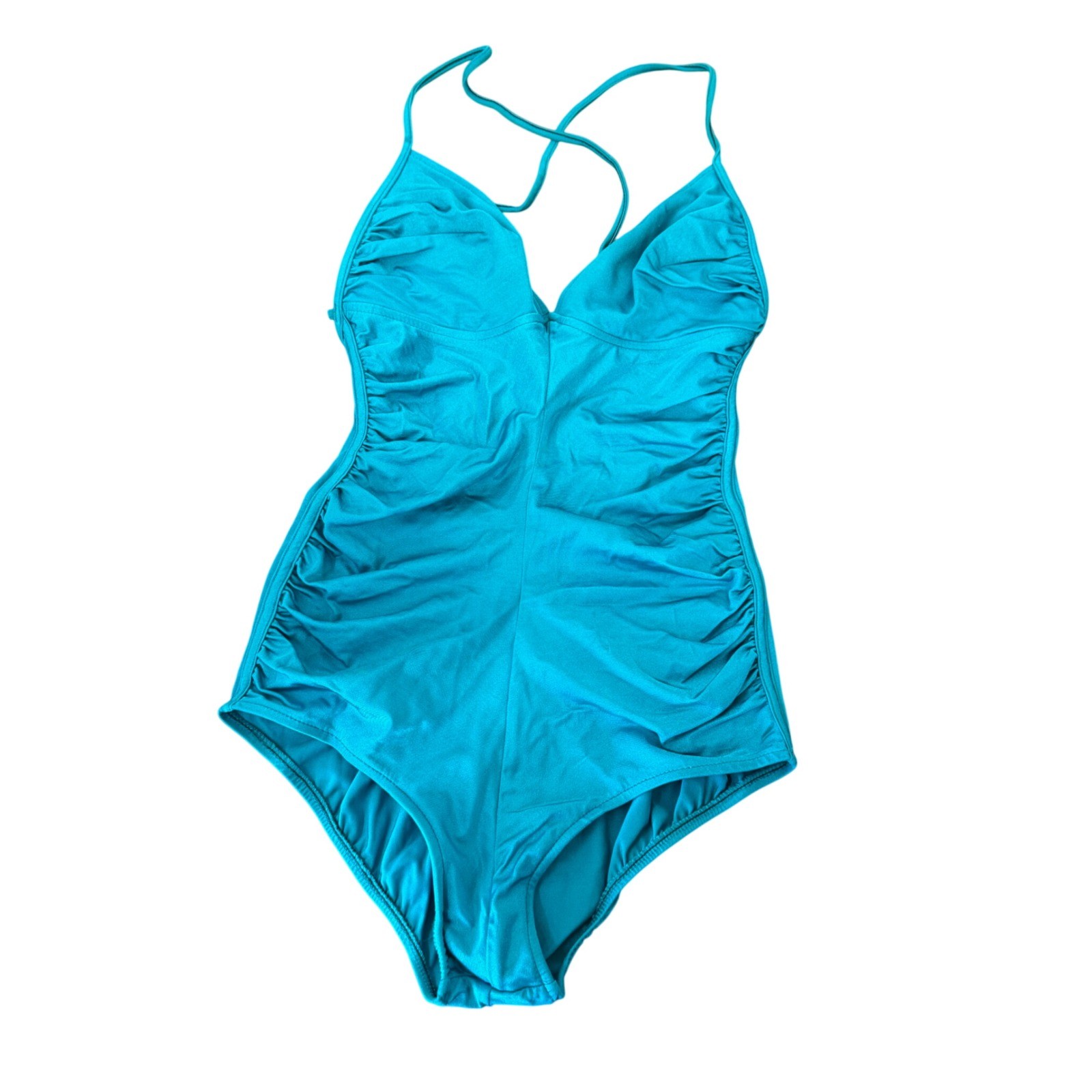 Vintage Catalina California Teal Blue Ruched Halter One Piece Swimsuit Size 12