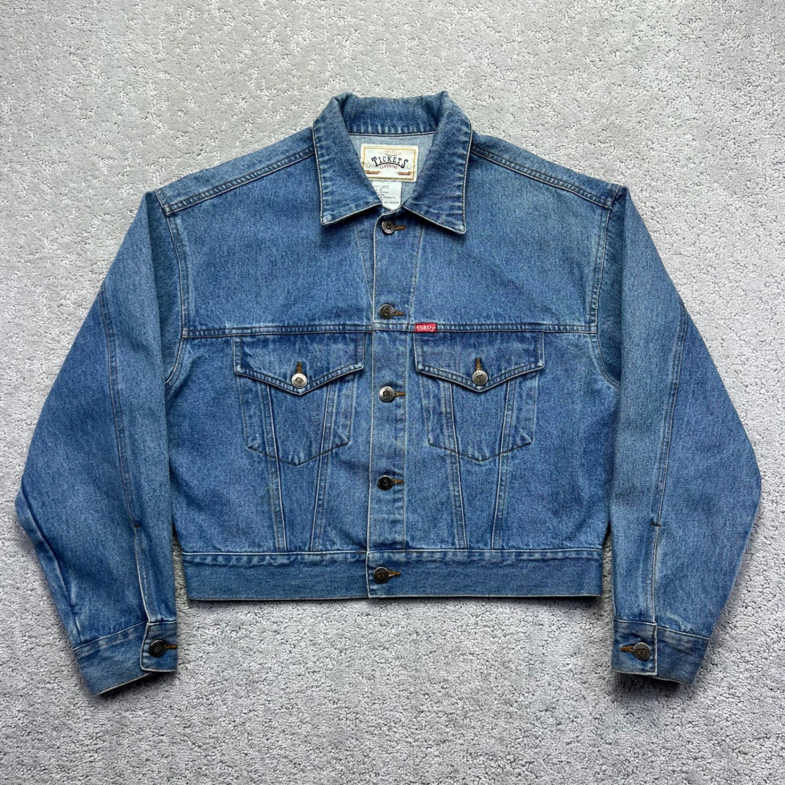 VINTAGE Tickets Clothing Denim Jacket Womens Small Blue Cropped Trucker Western