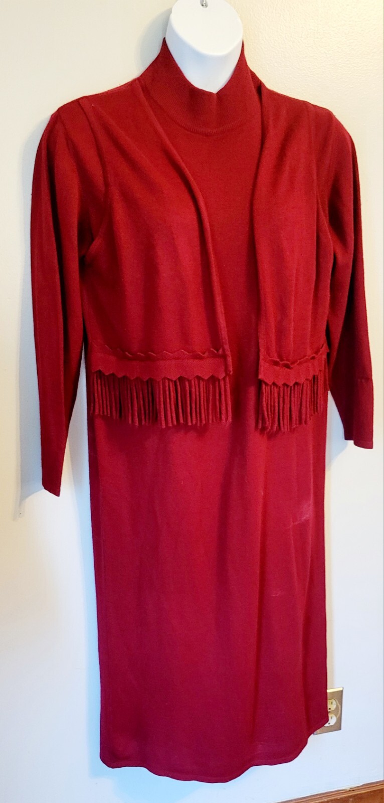 Vintage Donna Ricco Brick Red Fringe Trim Sweater Dress Vest Boho 18 Plus