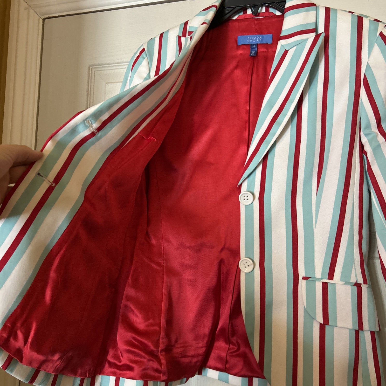 Vintage Escada Womens Sport Jacket Blazer Aqua Blue Red White Striped 34