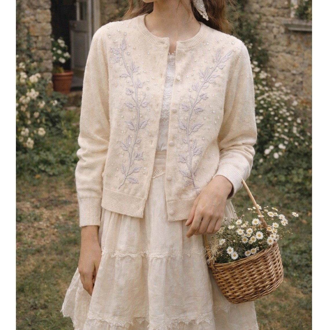 Vintage Women’s Beaded Angora Lambswool Cardigan Cream Floral Sequin Sweater- XS
