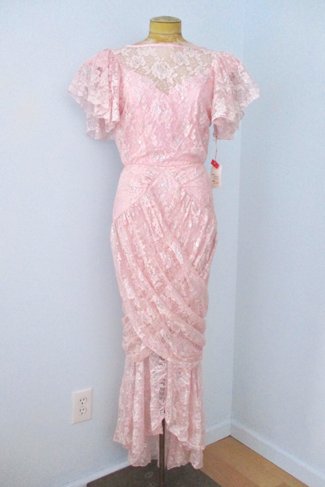 NOS Vtg 80s Pink Silver Sparkle Lace Draped Mermaid Dress Formal Ball Gown 10