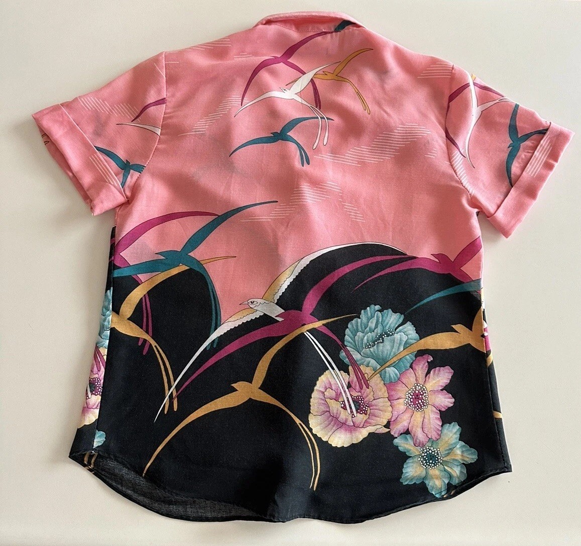 1980s California Connection Tropical Rayon Blouse Pink Bird Print Made USA VTG
