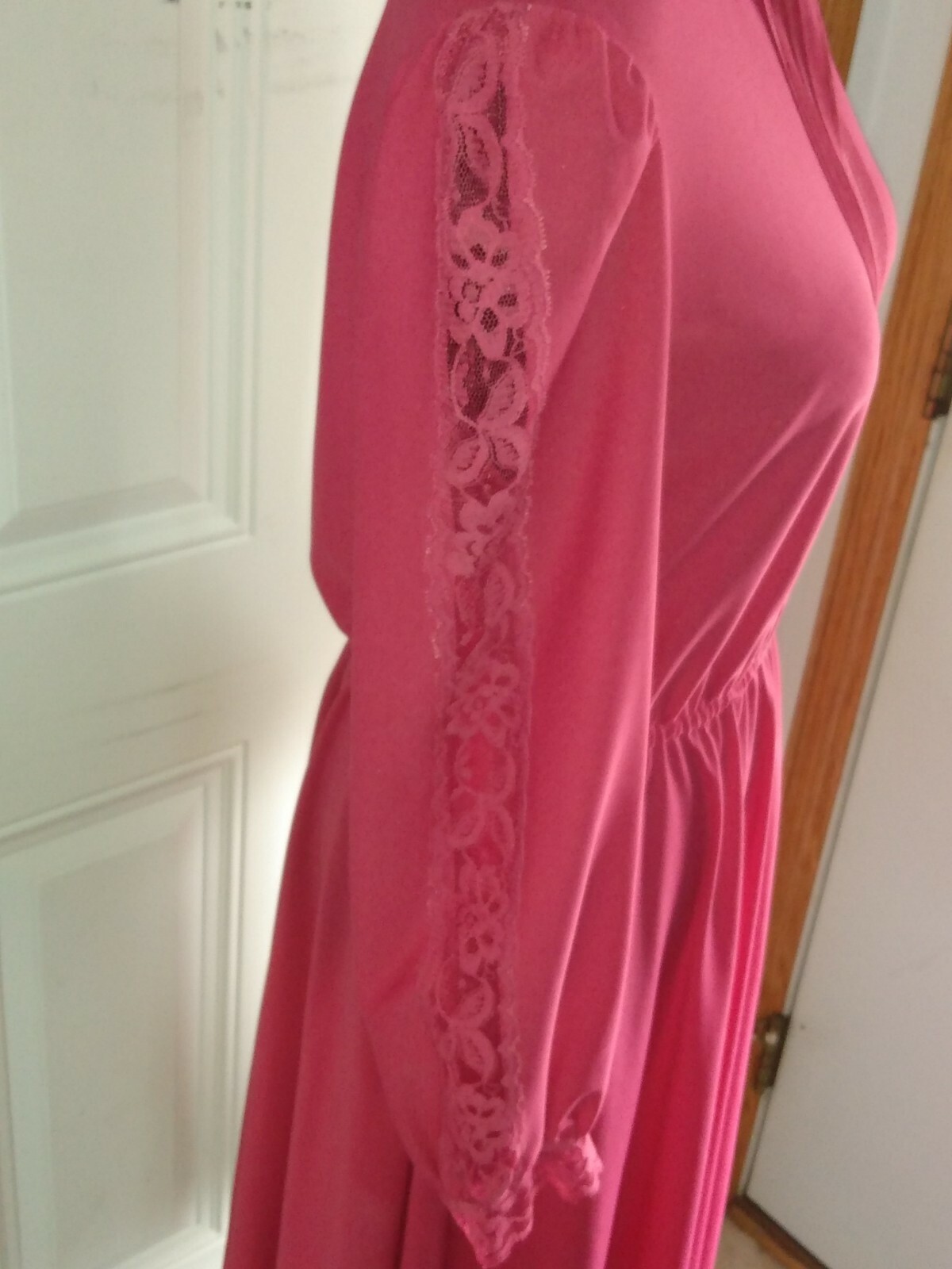 Vtg Jane Baar Dress Raspberry LS Lace Front Collar Elastic Waist No Sz Tag M/L