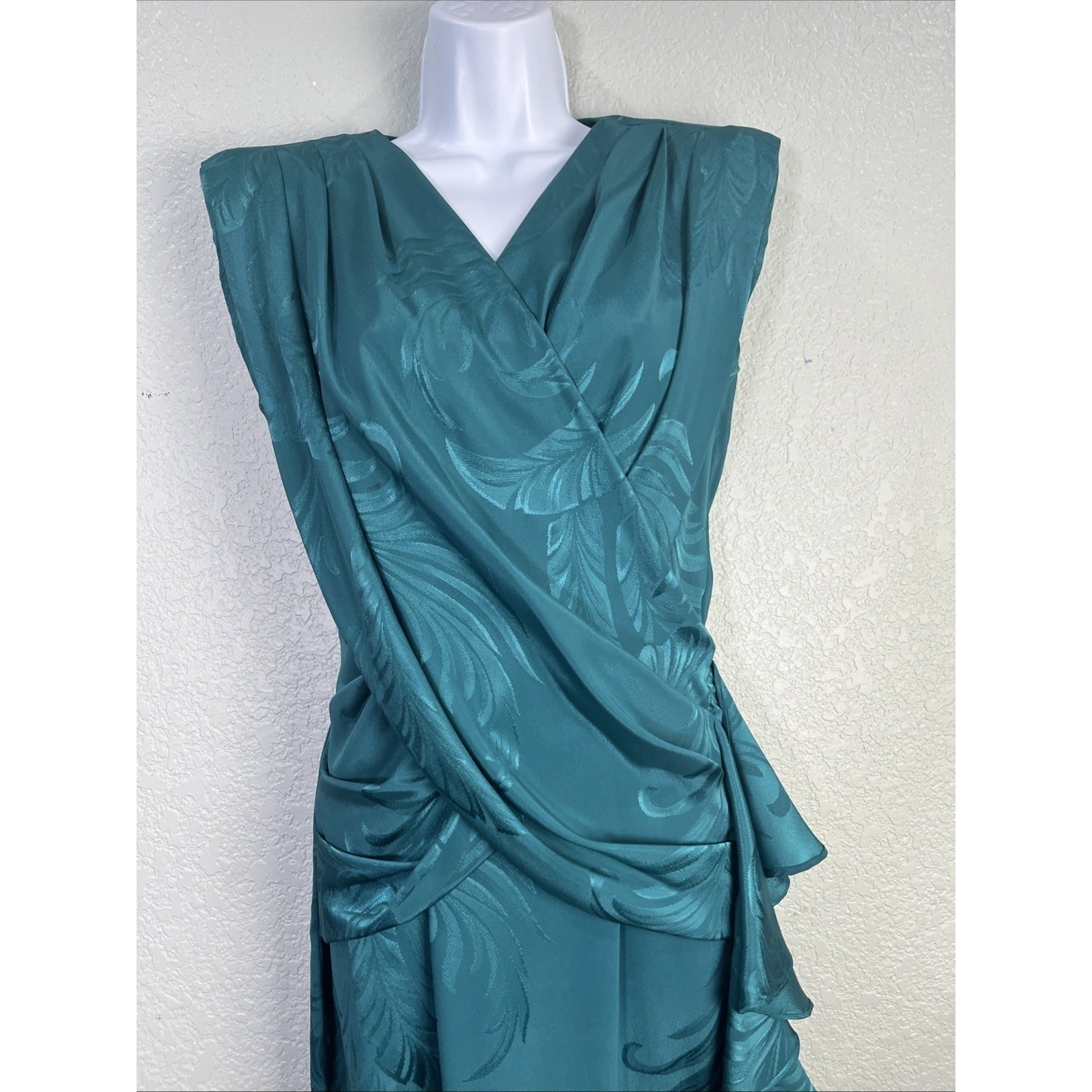 Lola Collections Dress Womens 4 Teal Jacquard Leaf Draped Open Back Ruffle 80s