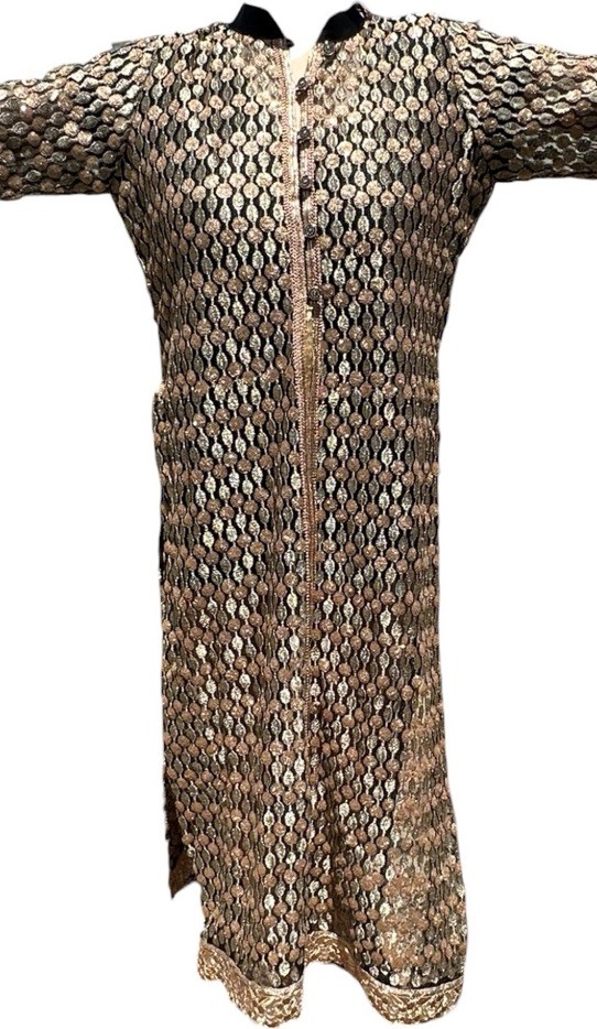 Metallic Embroidered Formal Kaftan Dress & Scarf Black Gold 50” Long
