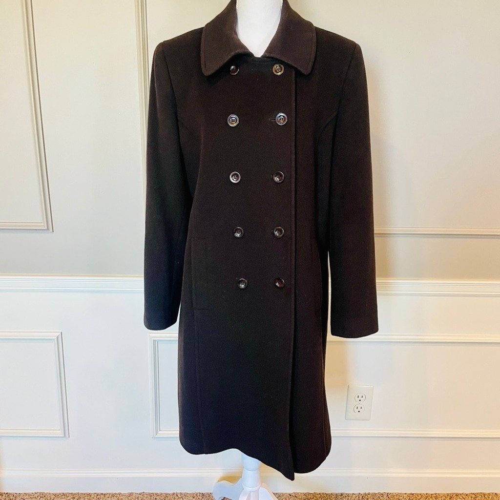 Larry Levine vintage LambsWool Cashmere Trench Long Coat 12 Chocolate Brown