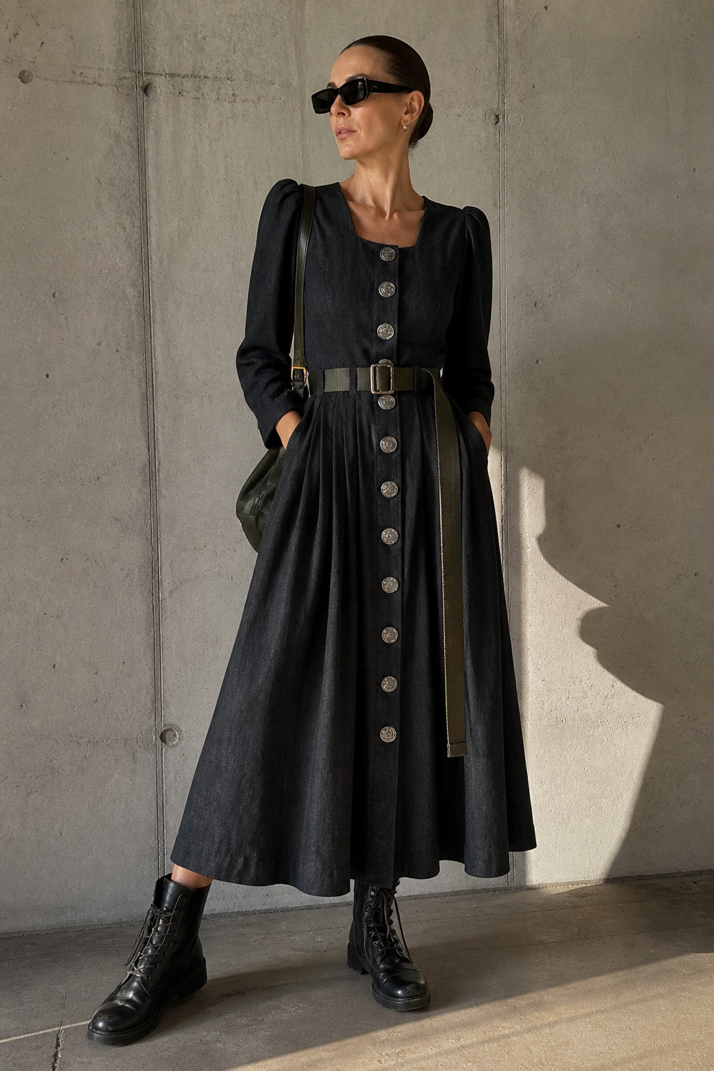 Vintage Wenger Dress Costume Dirndl Military Buttons Linen Wool 36 38