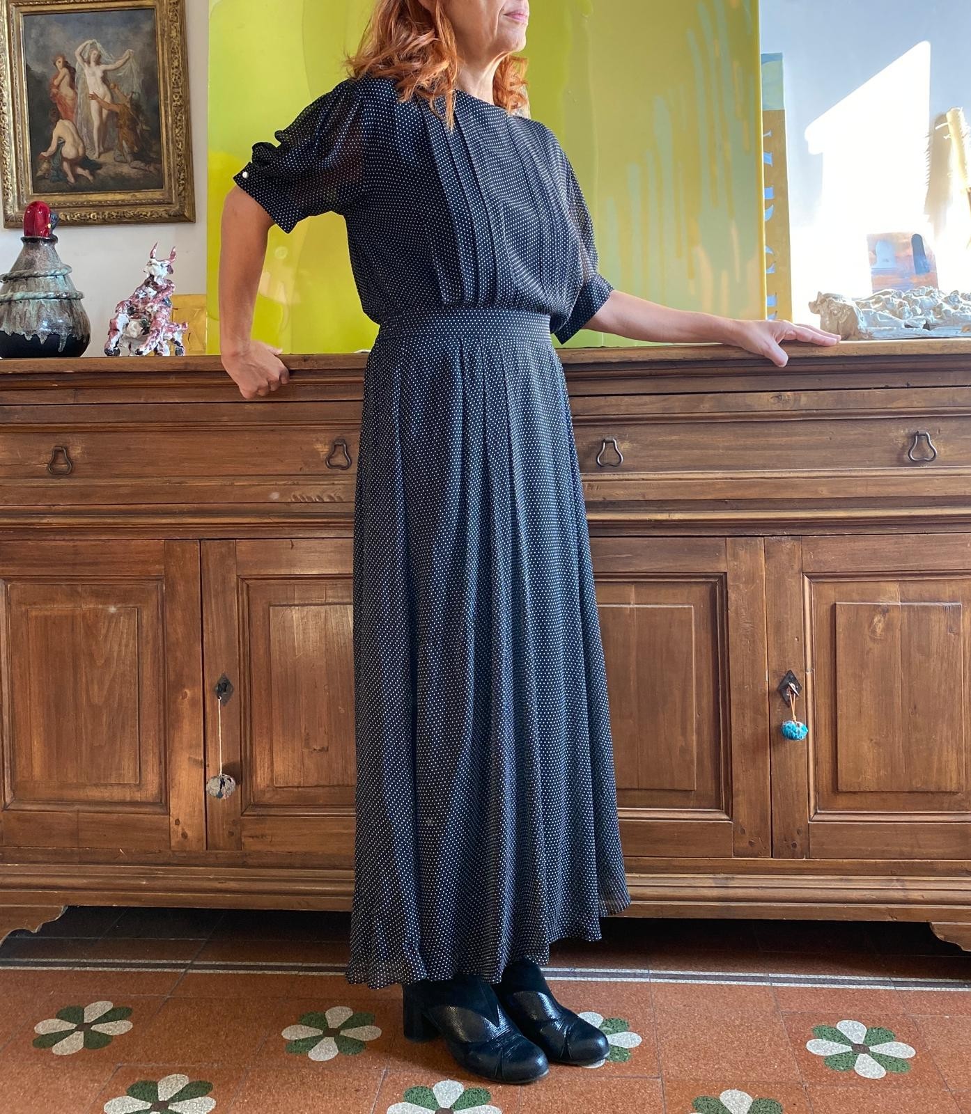 Nancy Johnson Vintage Silk Polka Dot Voile Long Dress Size 44