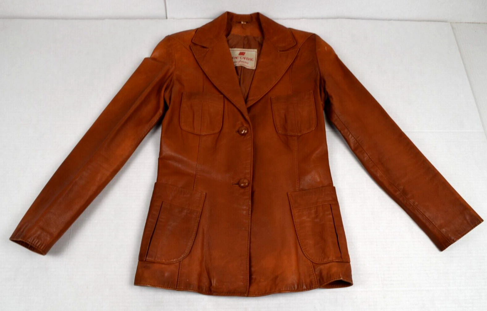 Vintage Leather Jacket Crae Carlyle Size S 70s Glossy Nutmeg Brown Fitted