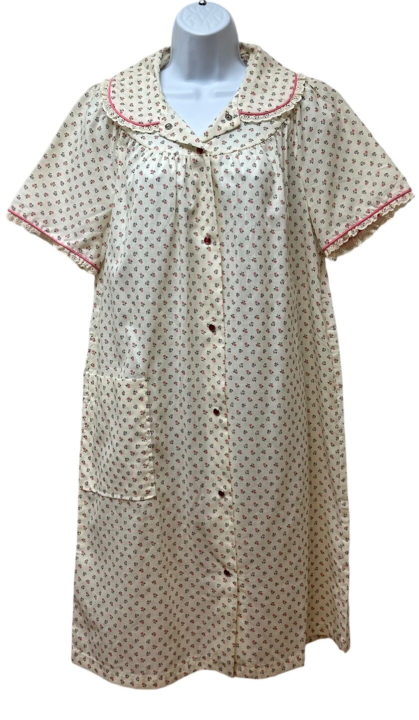 Vintage Dainty Floral Cotton Lace House Dress Nightgown Snap Button Front M