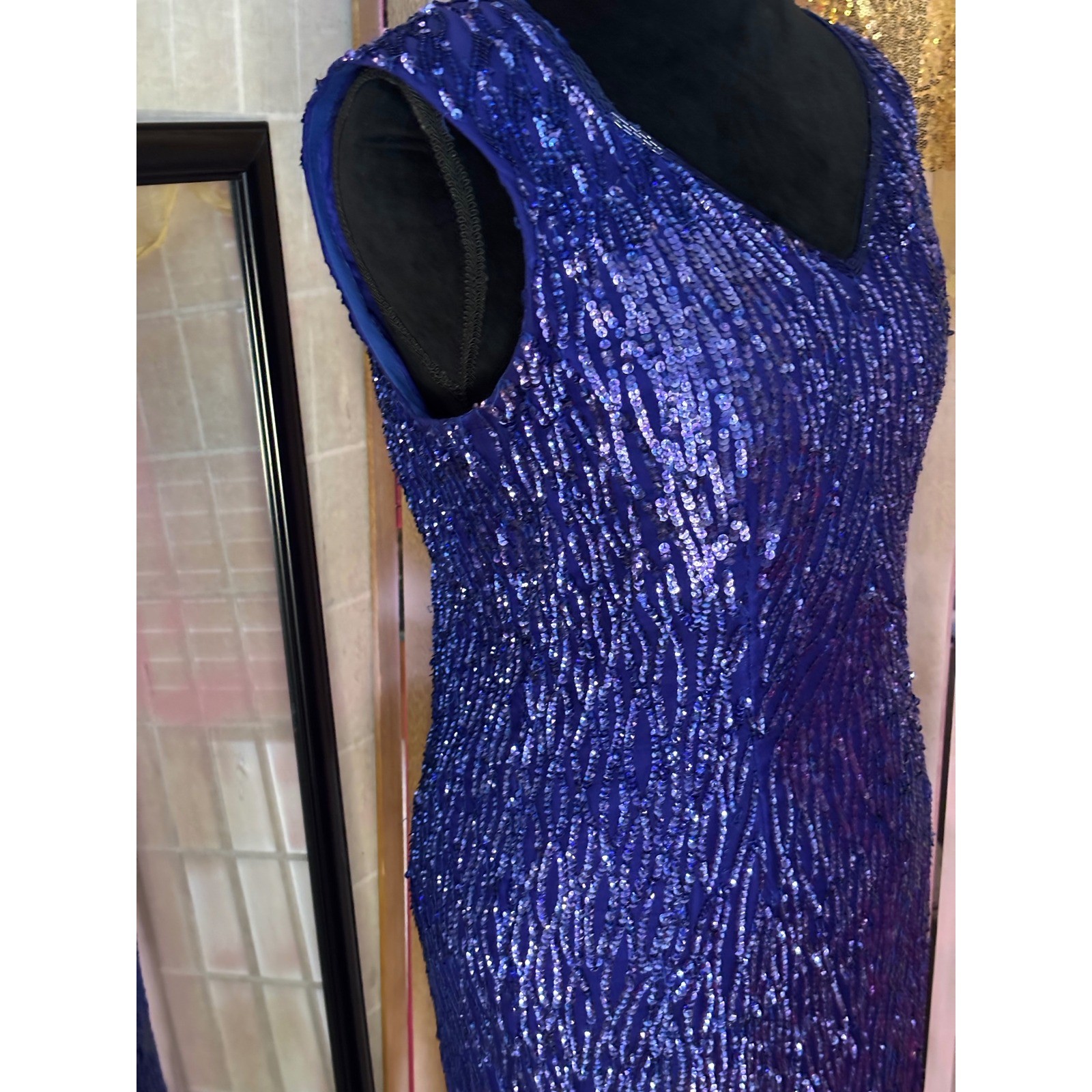 Vintage Blue Sequin Cocktail dress V-Neck Keyhole Back Fringe Hem Sleeveless
