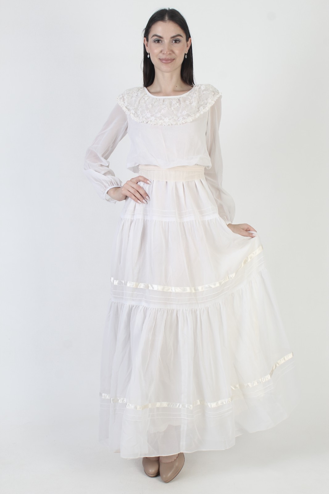 Vtg 70s White Victorian Dress Sheer Lace Boho Prairie Monochrome Wedding Gown