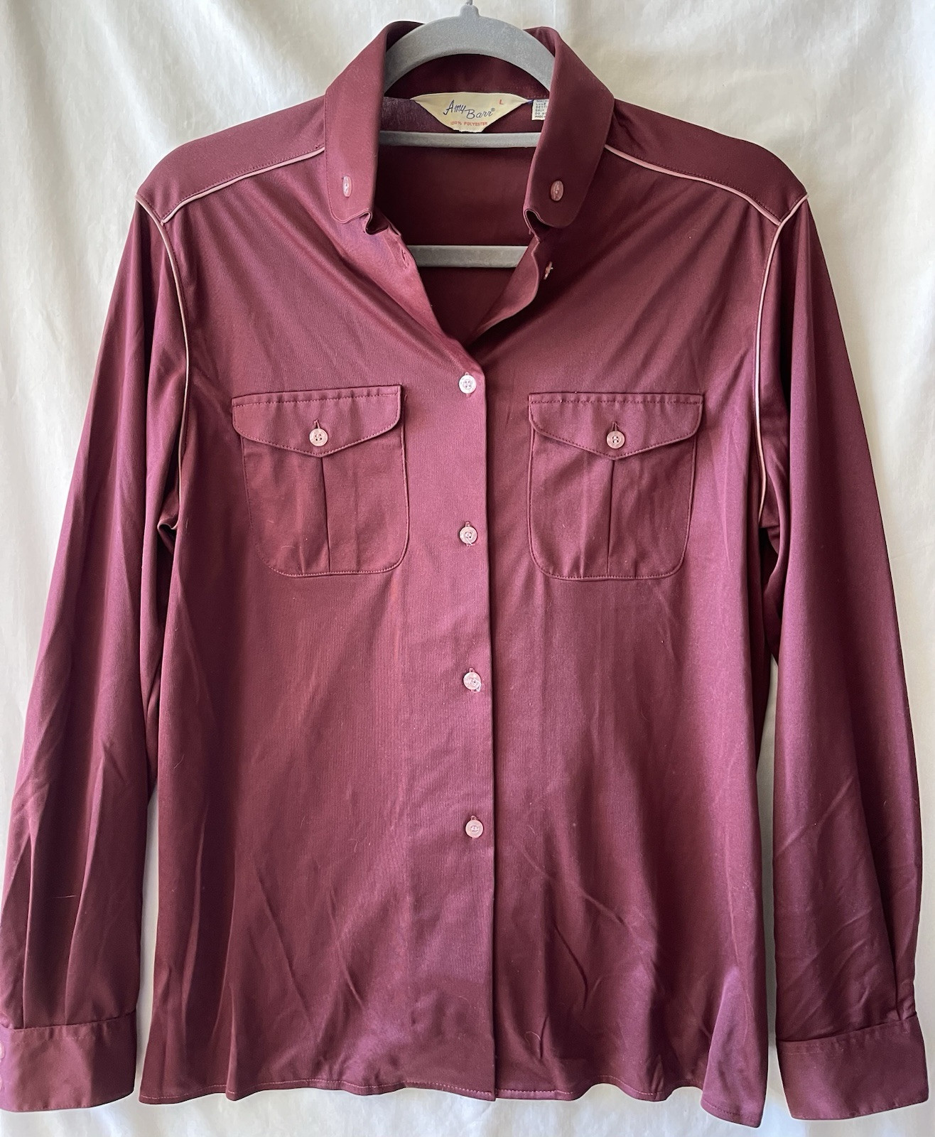 VINTAGE 70’s, AMY BARR, WOMEN’S L POLYESTER BURGUNDY WINE BLOUSE, EUC