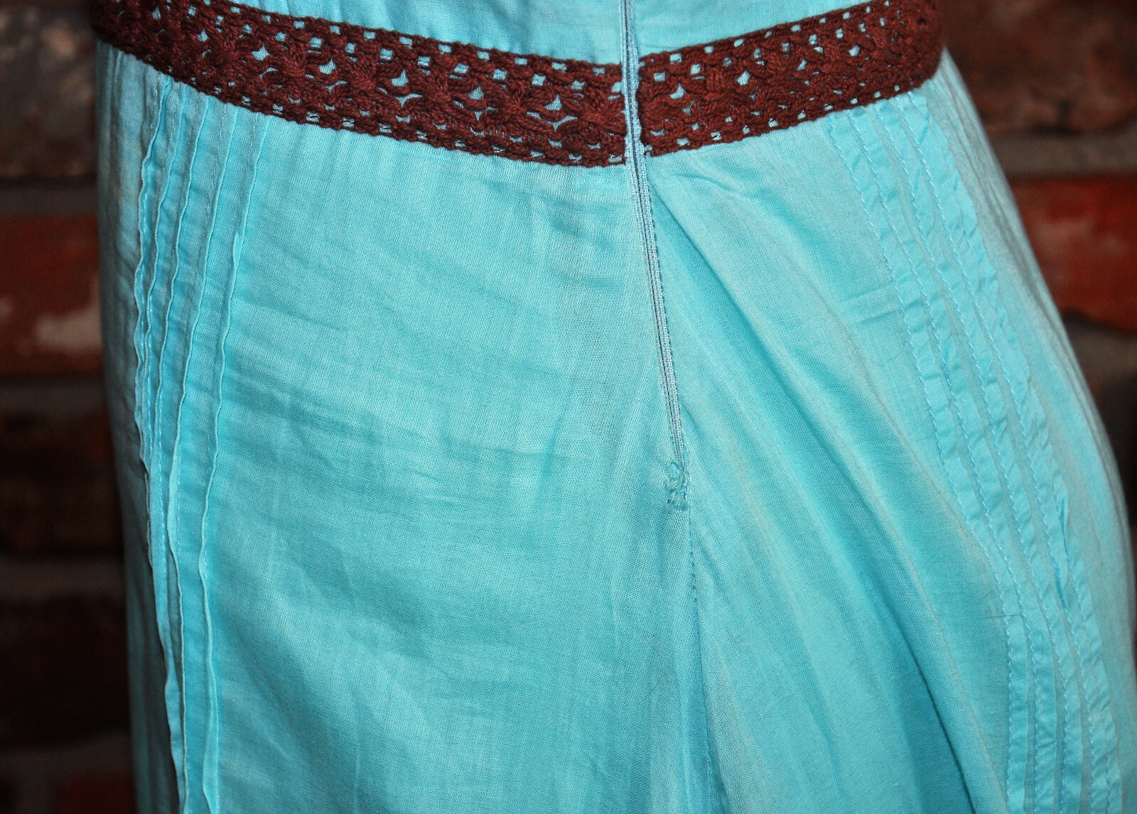 Vintage An Indian Summer Ruffle Blue Cotton Pintuck Prairie Boho LONG Maxi DRESS