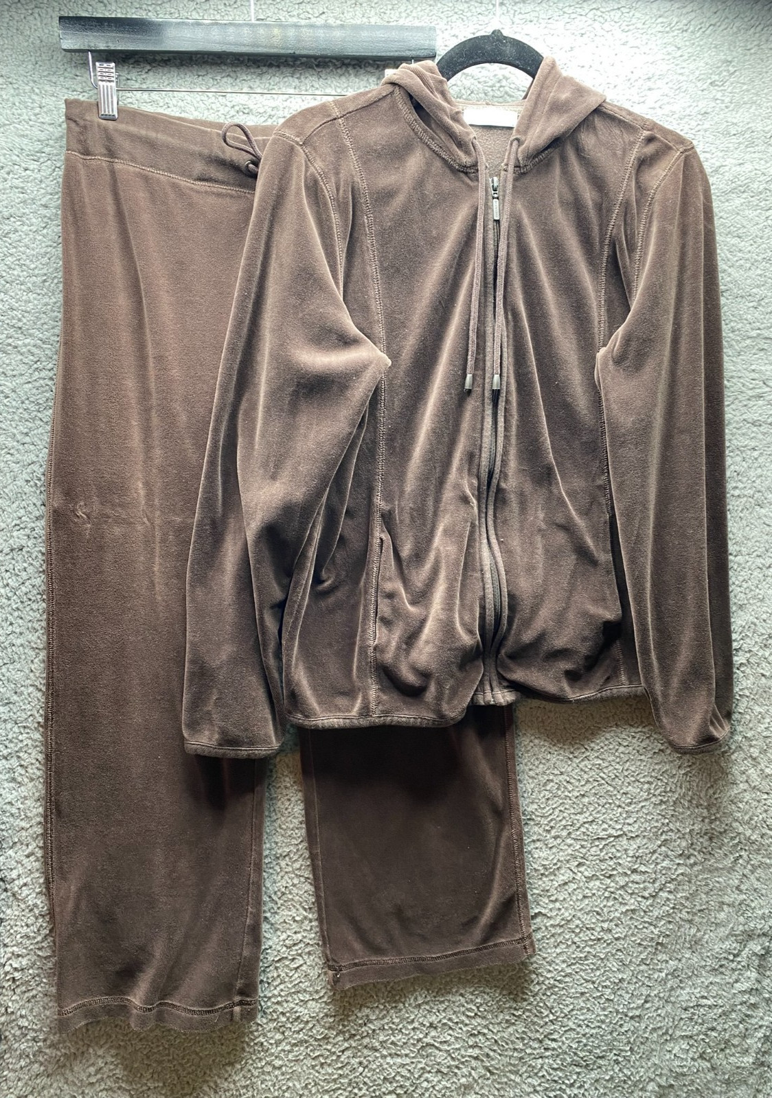 Liz Wear by Liz Claiborne Size L Y2K Velour Set Jacket Pants Brown Lounge Hoodie
