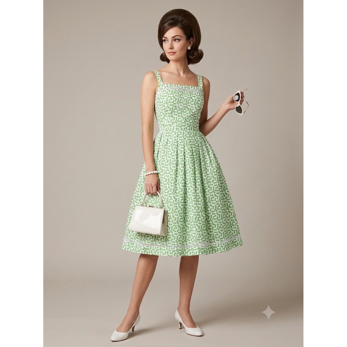 Vintage Lanz 1950s 60s Floral Cotton Dress Green White Novelty Print Pockets S