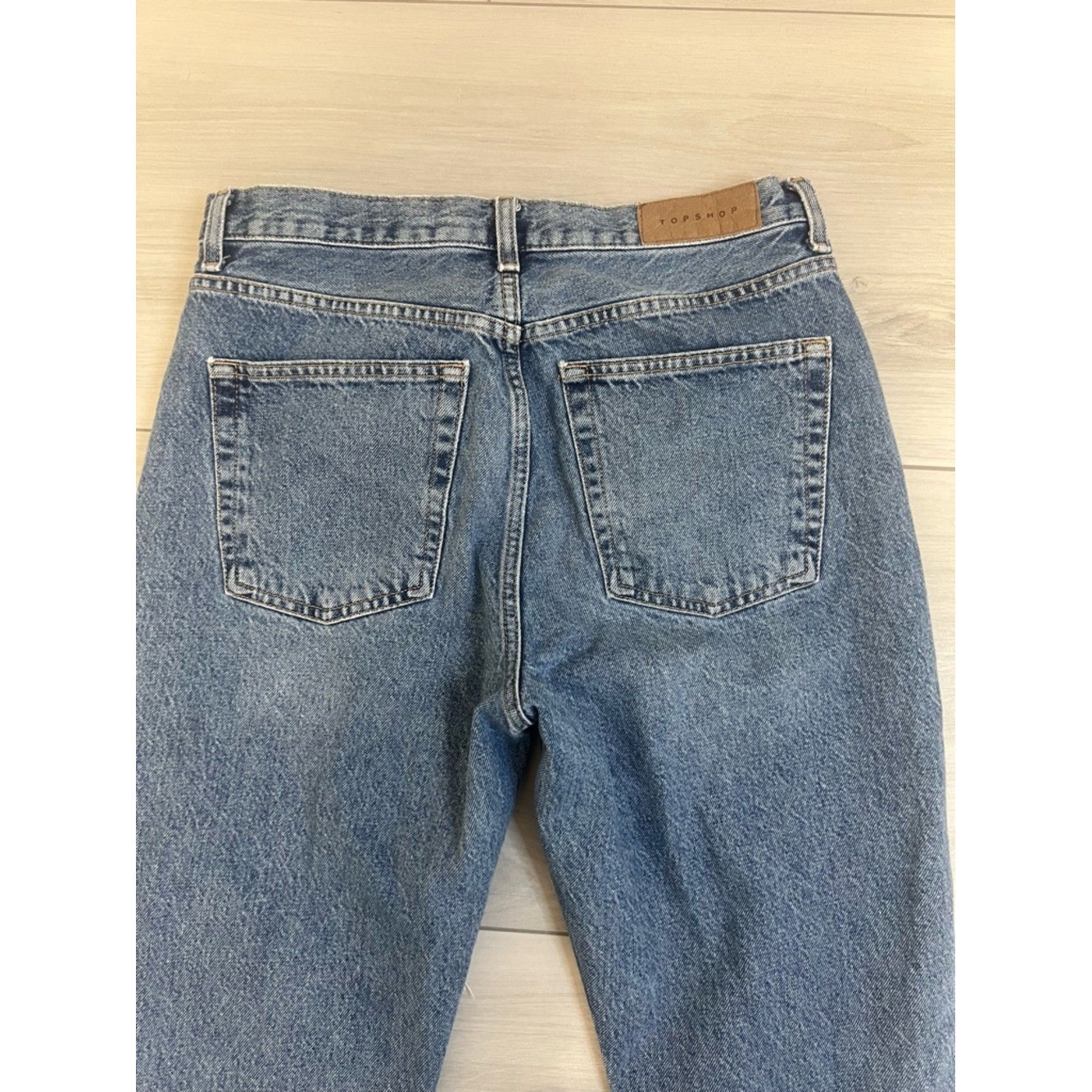 Topshop Wide Leg Jeans Blue Denim 31×32 Distressed Knee High Rise 90s