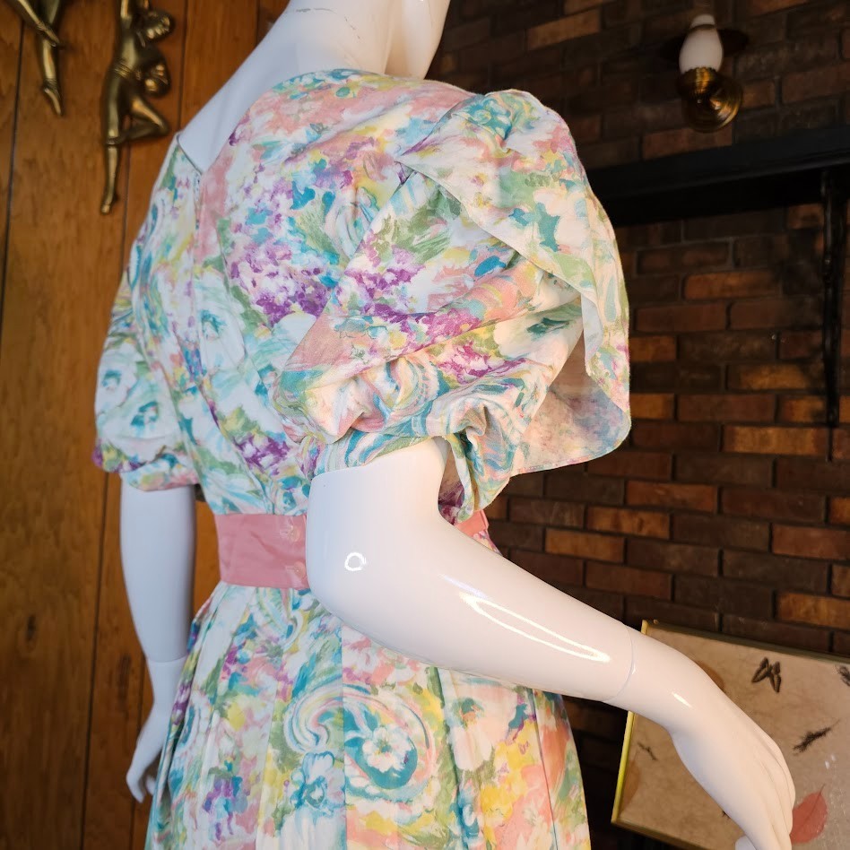 Vtg 80s Fever Dream Floral Romantic Garden Party Belted Bow Volup Tea Dress M/L