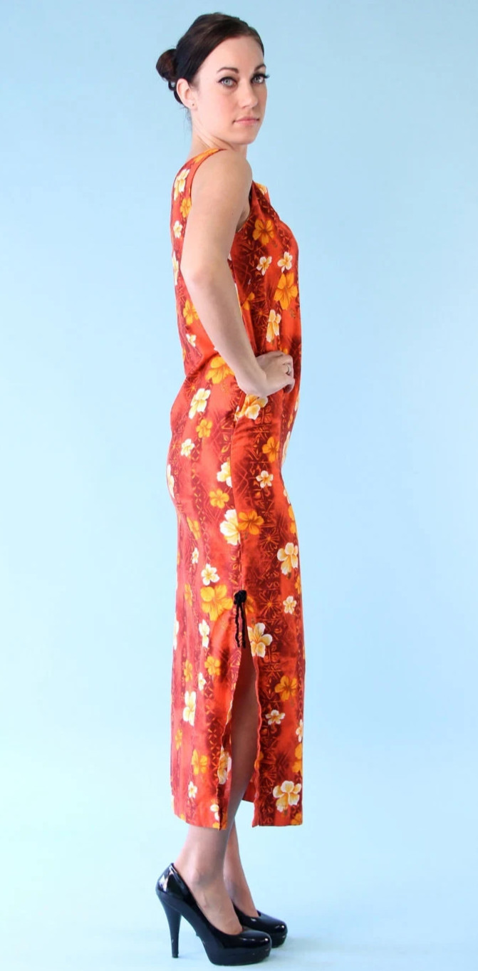 VTG 60s Hawaiian Dress Sleeveless Tank Ankle Length Floral Red Orange Small S