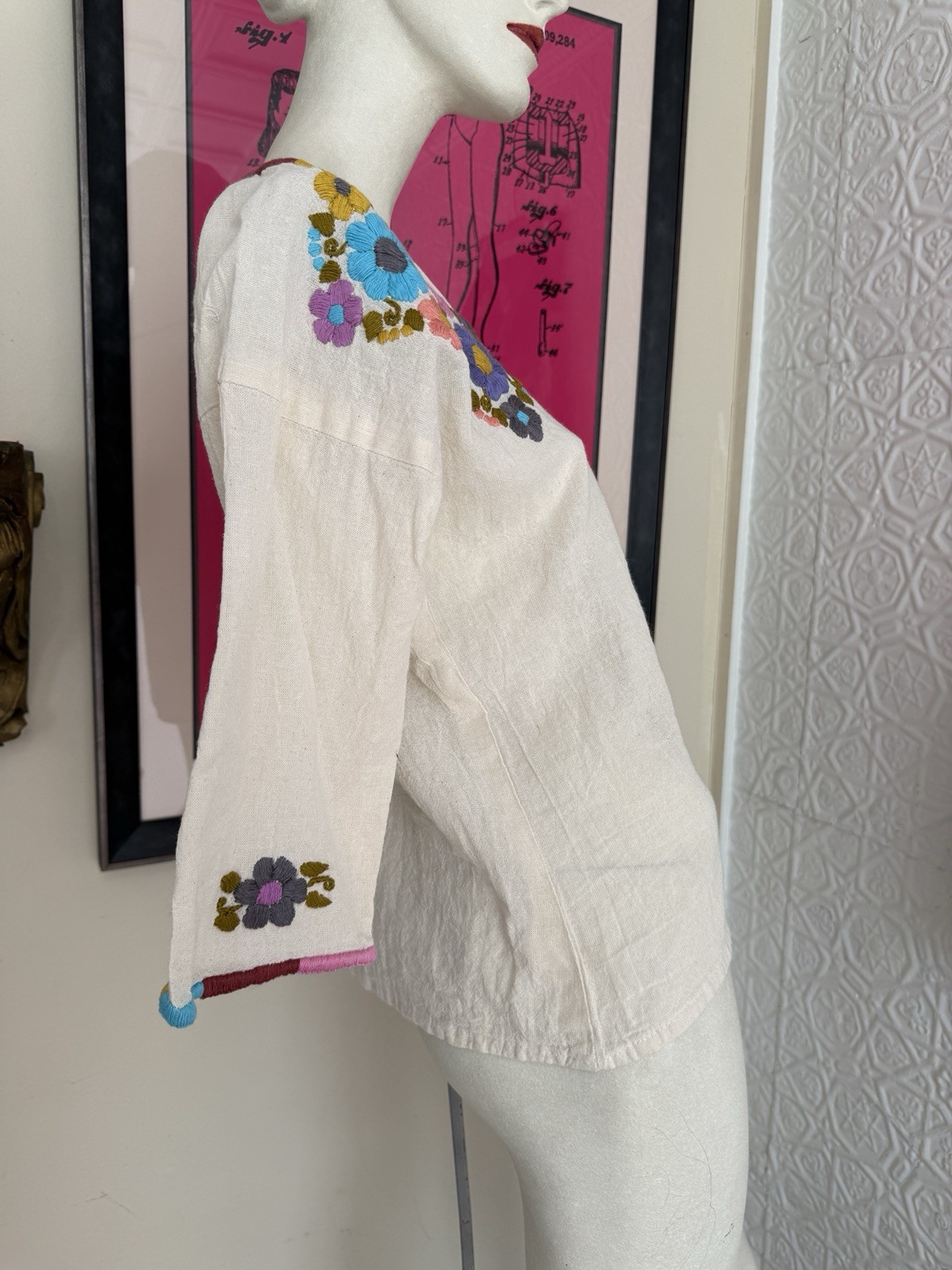 bohemian hand embroidered natural hippie top-vintage 1970s late 1960s floral