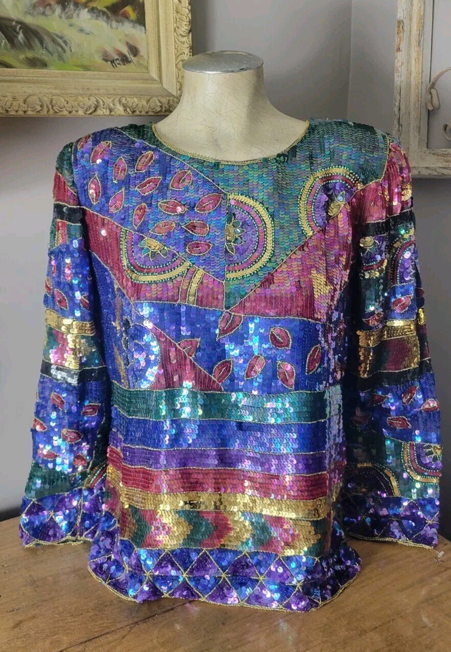 Vintage Jean Joseph Le Bon Stunning Glamorous Multicolor Shirt Sequin Tunic M