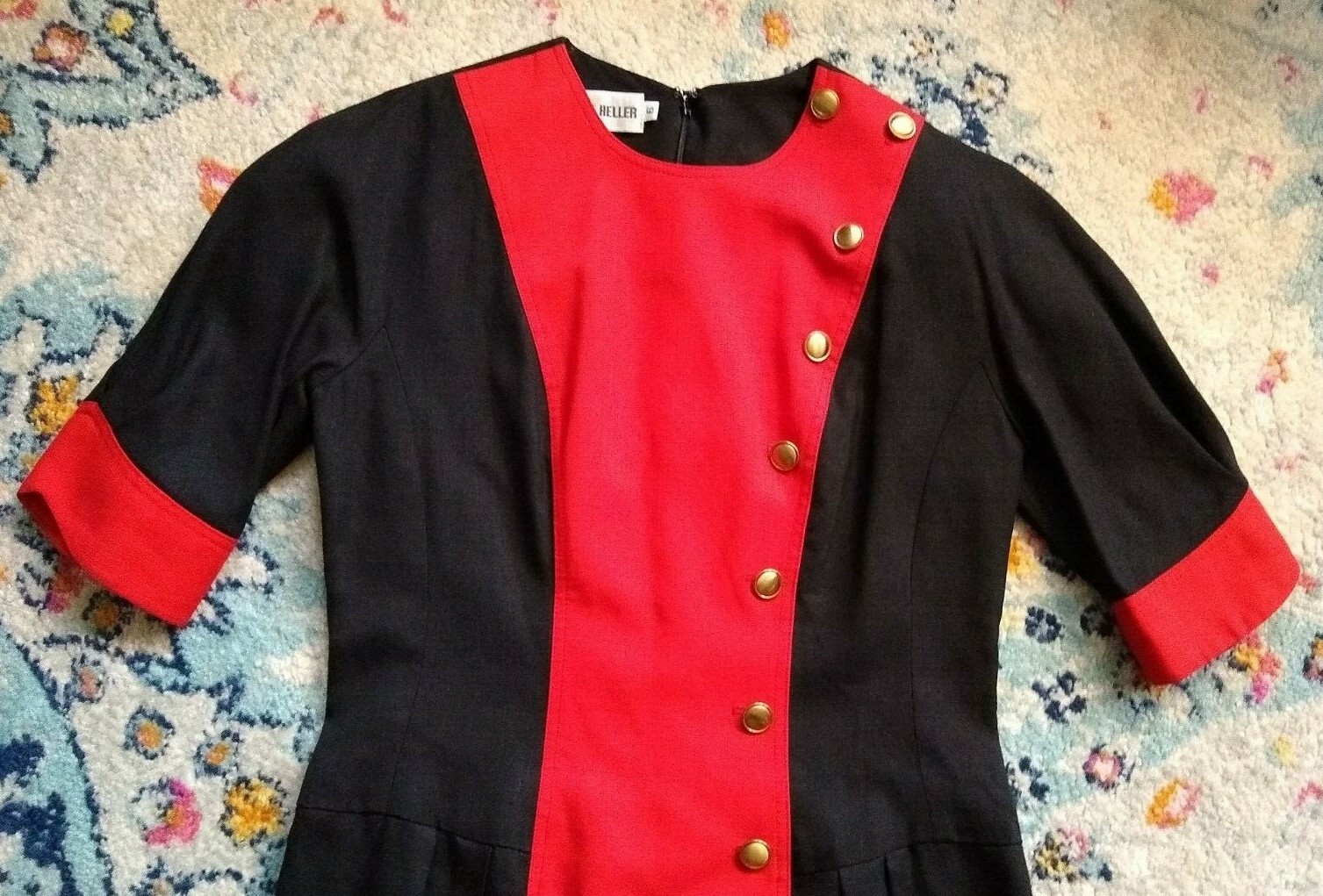 Vtg 1980s RONNIE HELLER Dress Linen Red Black Gold Buttons Secretary Sz 6