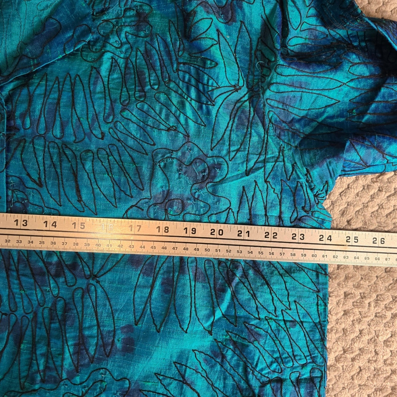 Vintage Chico’s Design 100% Silk Beaded Floral Shirt Teal Blue Boho Size 3