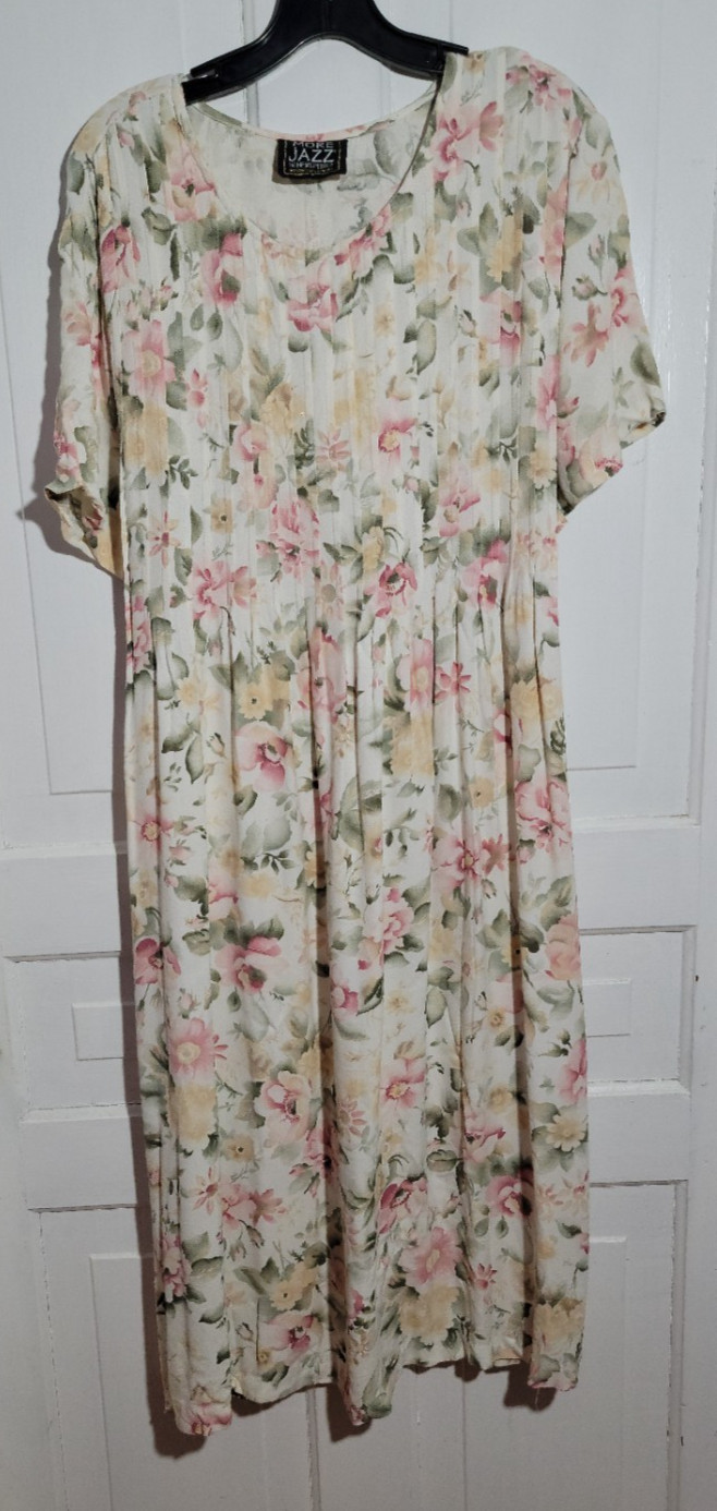 90s VTG More Jazz Floral Midi Dress Tie Back Cottagecore Boho Pleated Roses 3XP