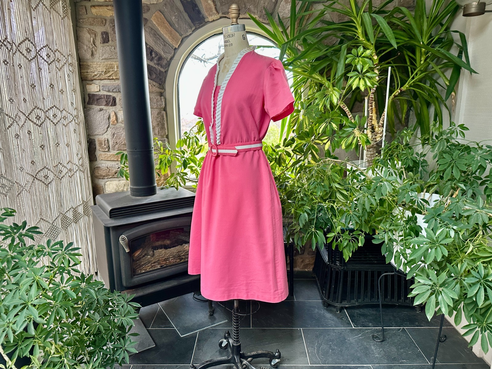 Vintage 1970s Pink and White Trim Belted Dress Sears the Fashion Place