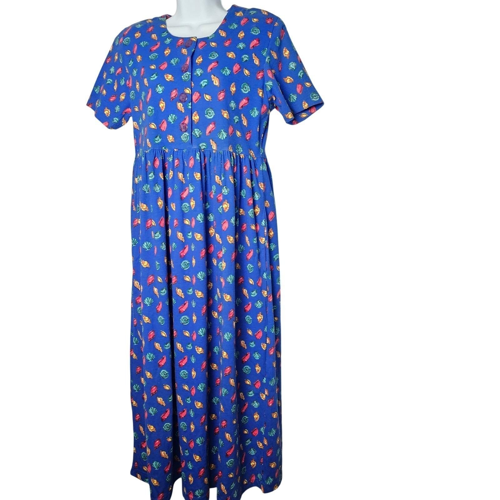 Vtg 90s Seashell Maxi Dress Womens Small Blue Cottagecore Coastal Beachy FADS