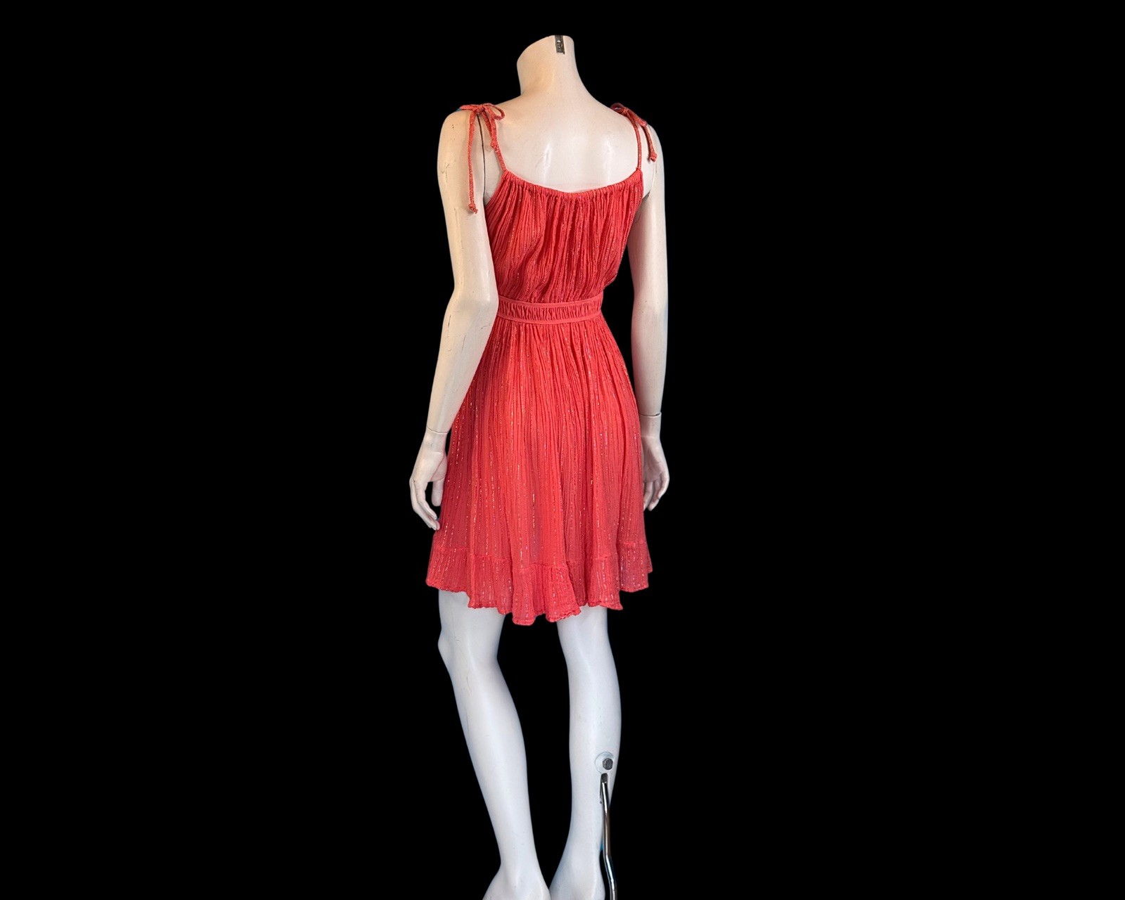 80s Greek Goddess Coral Gauze & Gold Lurex Mini Vintage Sundress | S
