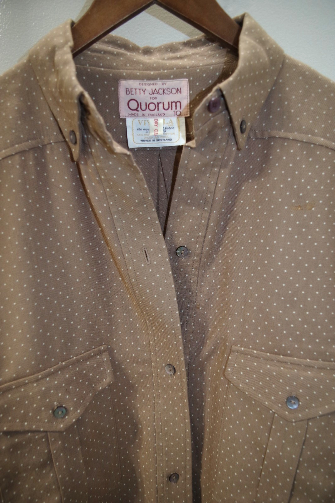 P4 Vintage Betty Jackson for Quorum Tan Polka Dot SHIRT 10 England Wool & Cotton