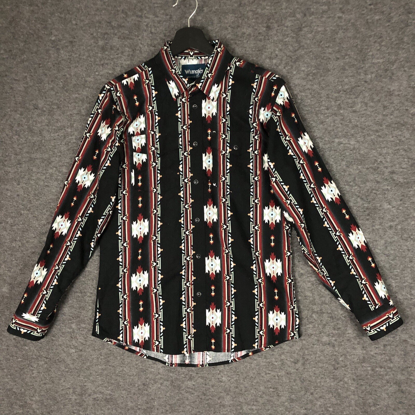 VTG Wrangler Shirt Womens XL Black Red Pearl Snap Aztec Southwestern Brushpopper