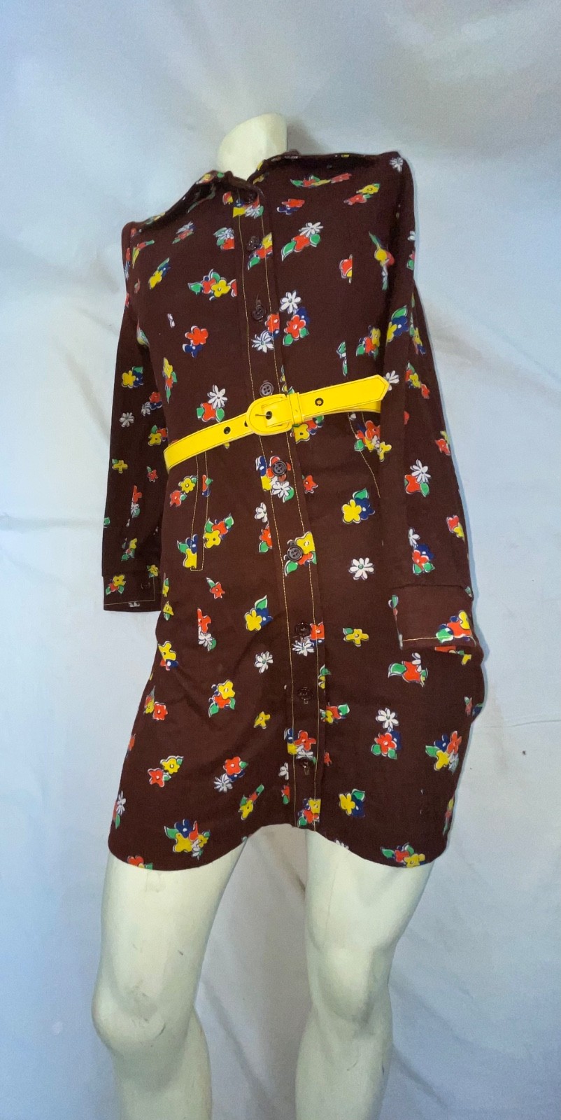 VTG 60S 70 WOMENS BROWN CUTE BABY DOLL MOD GOGO DISCO BUTTON FLOWER PRINT DRESS