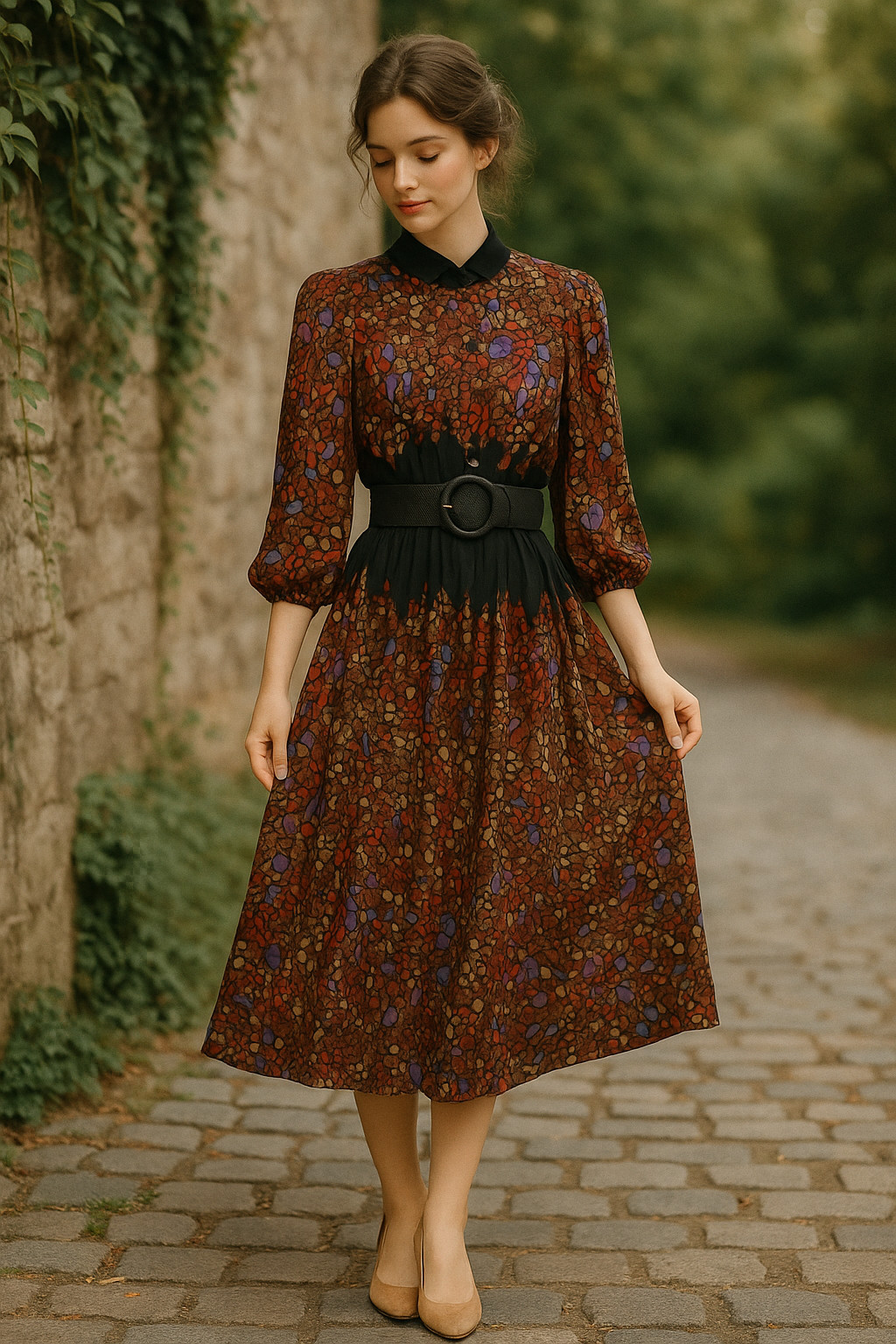 Lisabella Roma Vintage Midi Dress 70s 80s Jersey Fit & Flare Mosaic Pattern 40 42