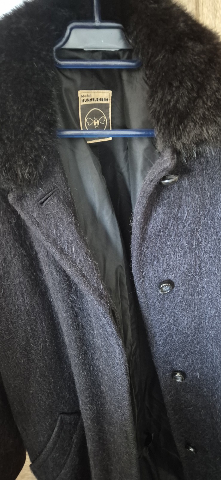 Vintage Modell Hummelsheim Austrian Loden Wool Coat Faux Fur Collar Black Jacket