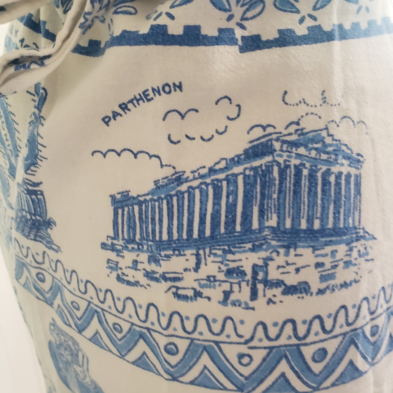 Vtg 1970s Greek Greece Novelty Wrap Skirt Blue White Cotton Size Medium
