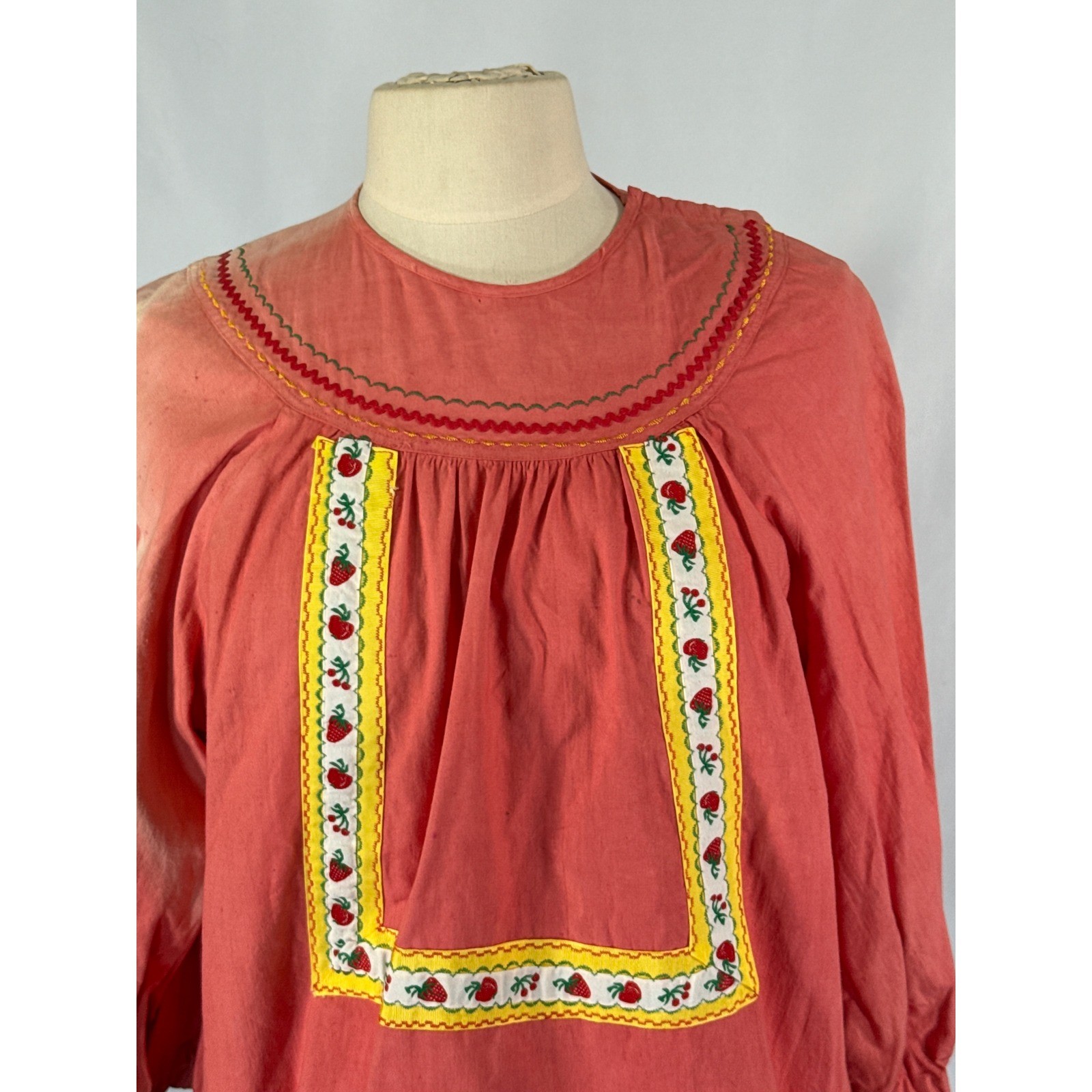 Vintage 70s Handmade Coral Peasant Blouse Strawberry Ribbon Trim Rickrack Boho