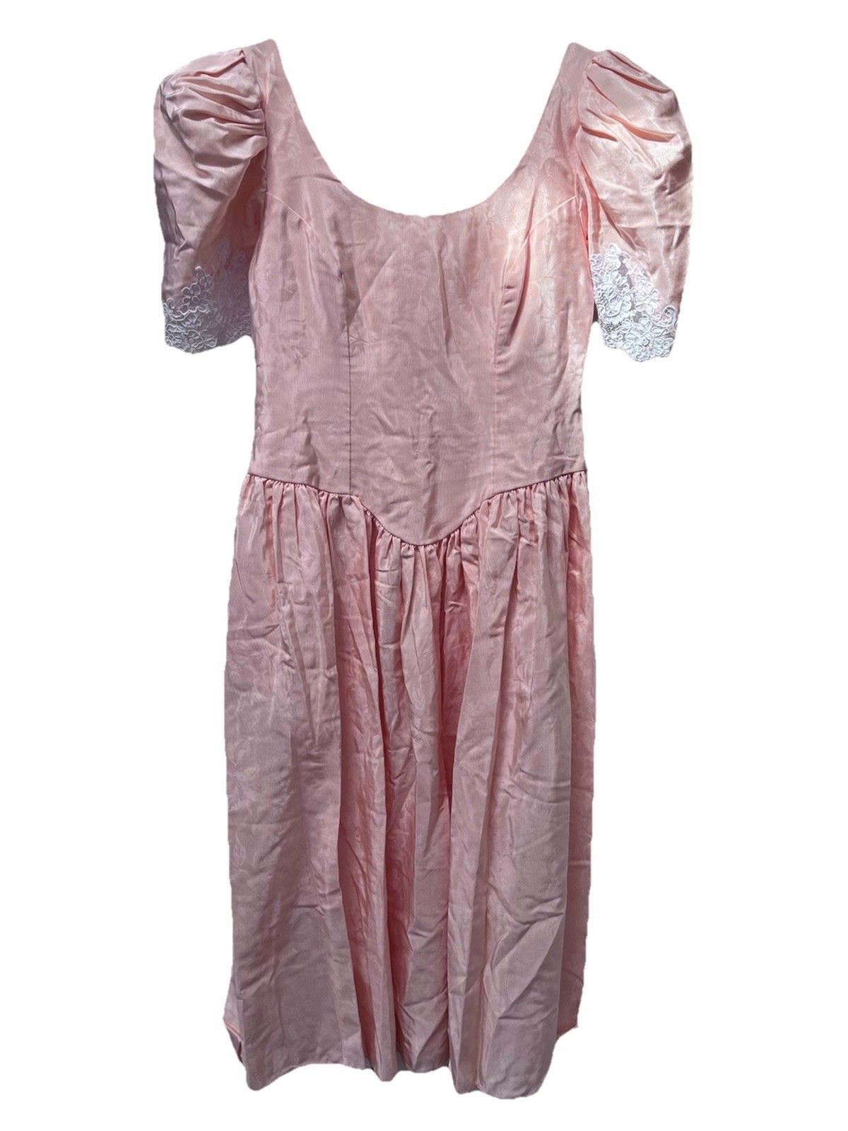 Vtg 80s Peach Taffeta Satin Dress Puff Sleeve Lace Prom Formal Large Back Bow M