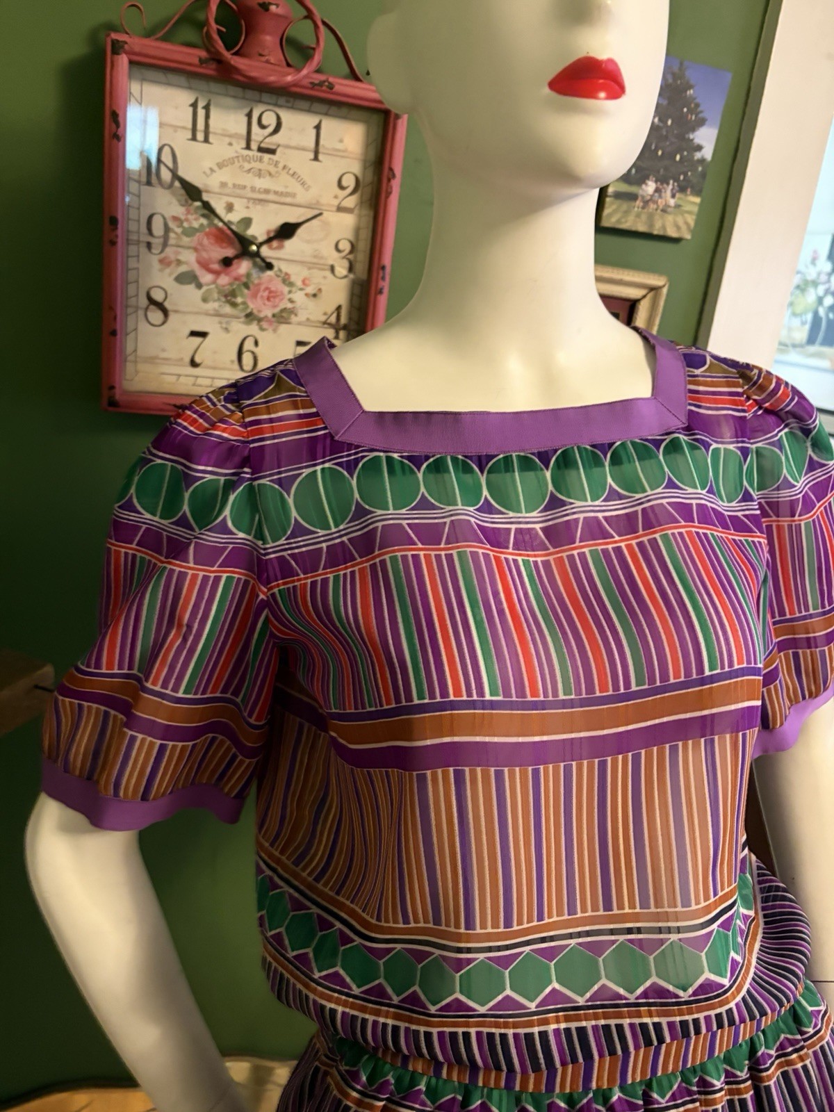 Vtg Willroy Traveler Graphic Print Bold Colors Sheer Set Dress Skirt & Top 36/30
