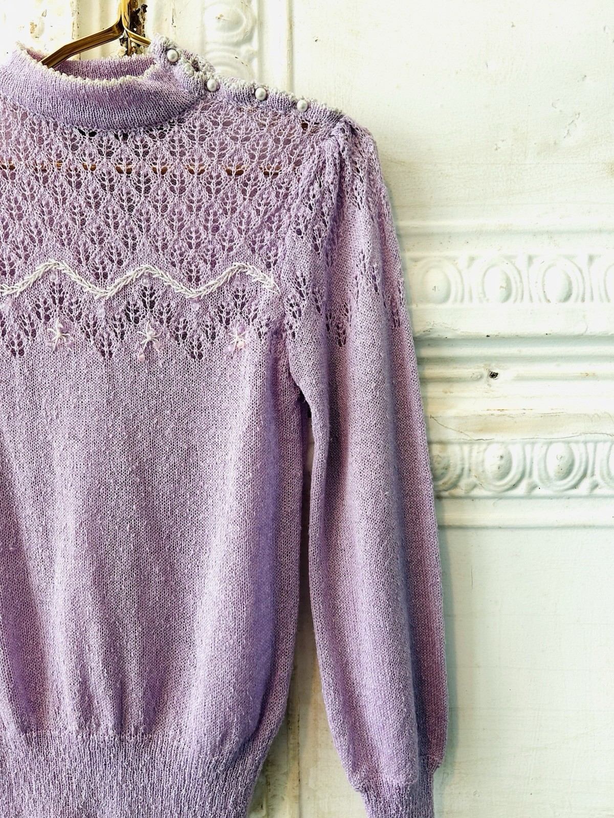 Vintage E. Imports Bohemian Chic Knit Embroidered Purple Pastel Sweater Top Med