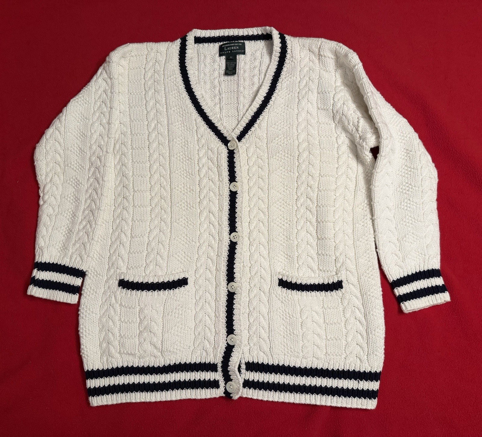 Vintage Lauren Ralph Lauren White Hand Knit Cardigan Sweater w Navy Trim Sz M