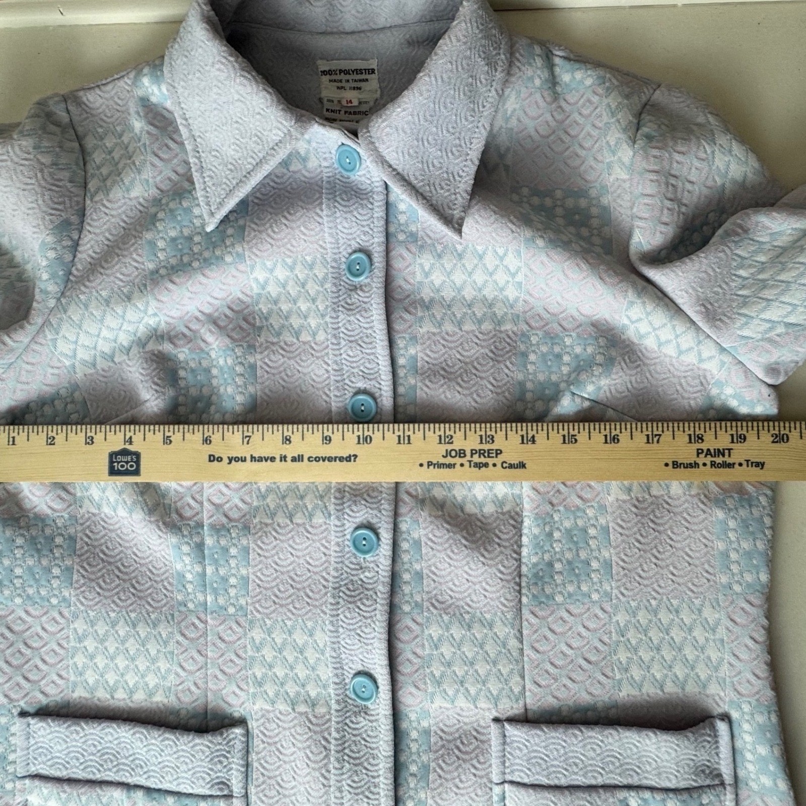 Vintage 70s Pastel Patchwork Grandmacore Blue Pink Geometric Button Front Medium