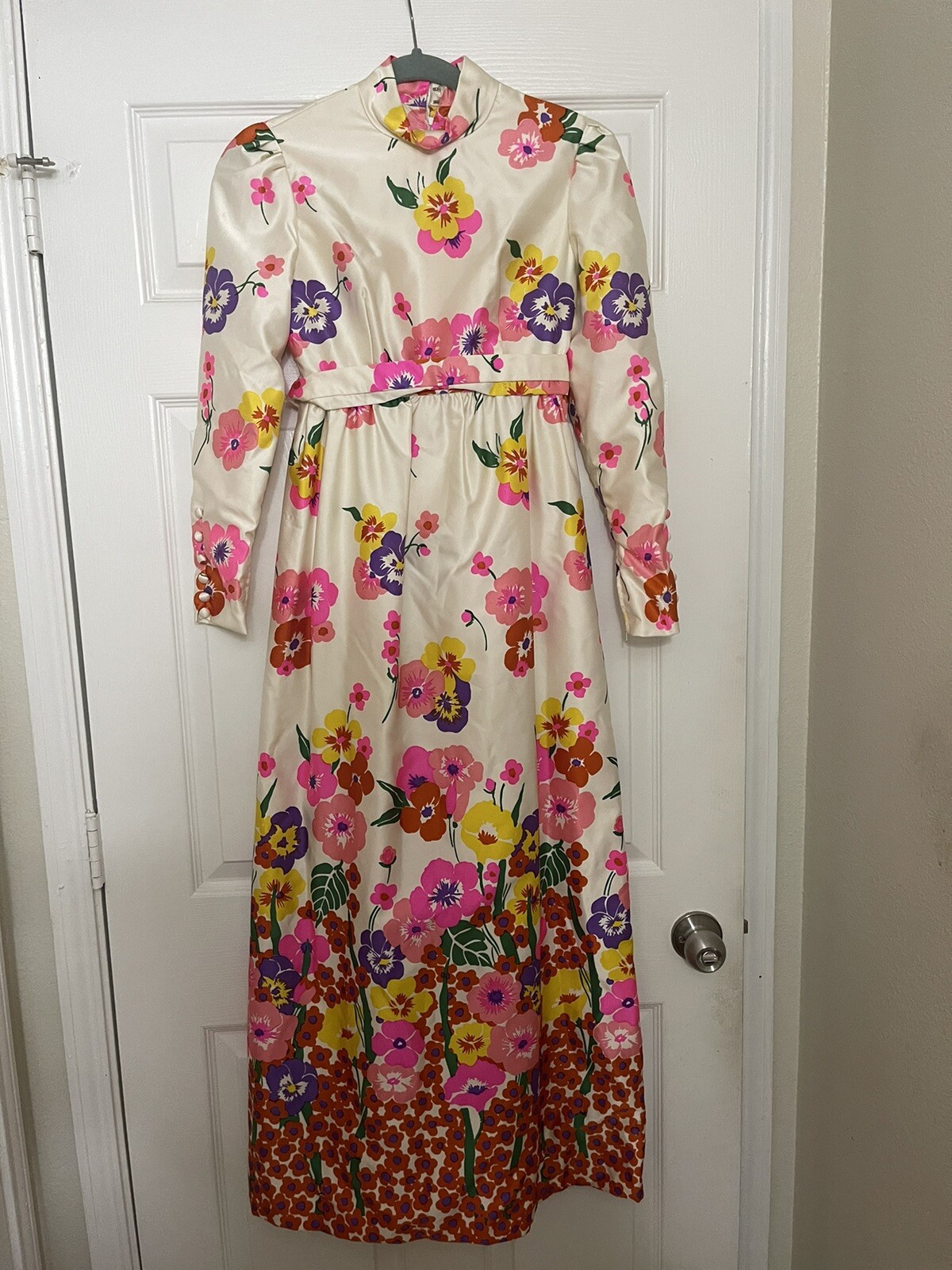 Vintage Joan Leslie for Kasper satin high neck floral maxi dress