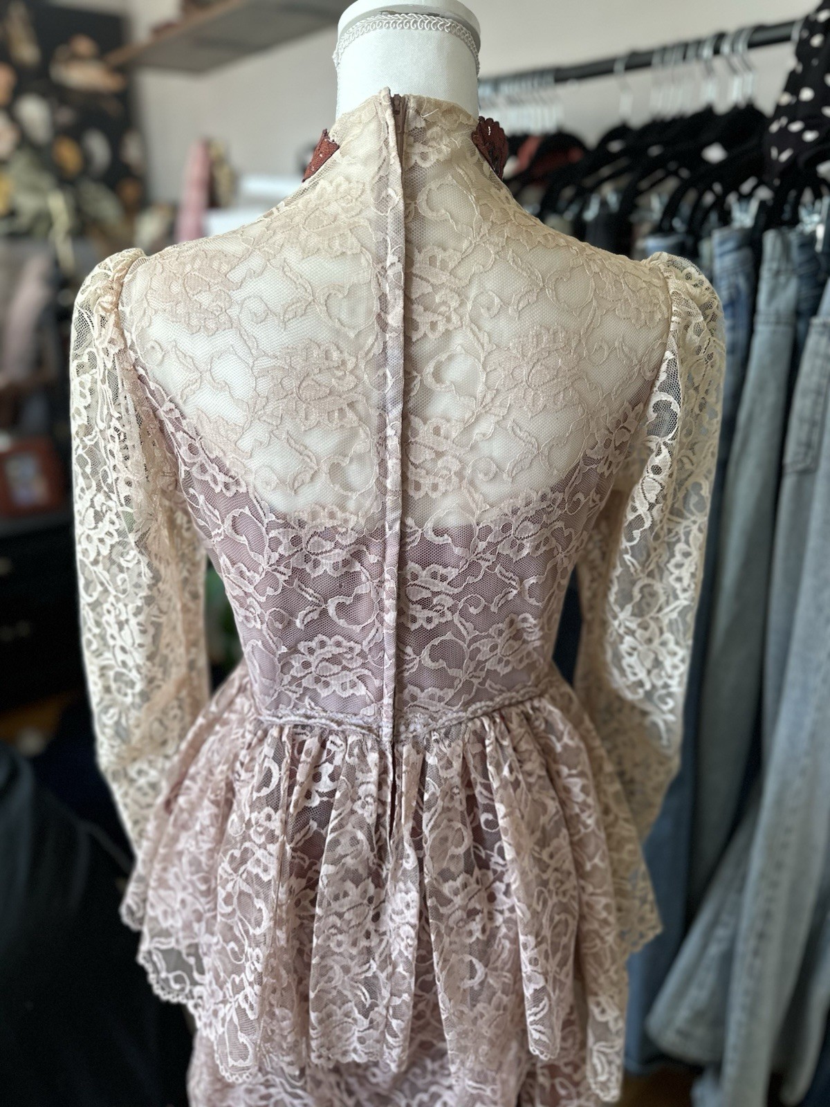 Vintage Union Tag Lace Gown With Beaded Details And Bustled Train