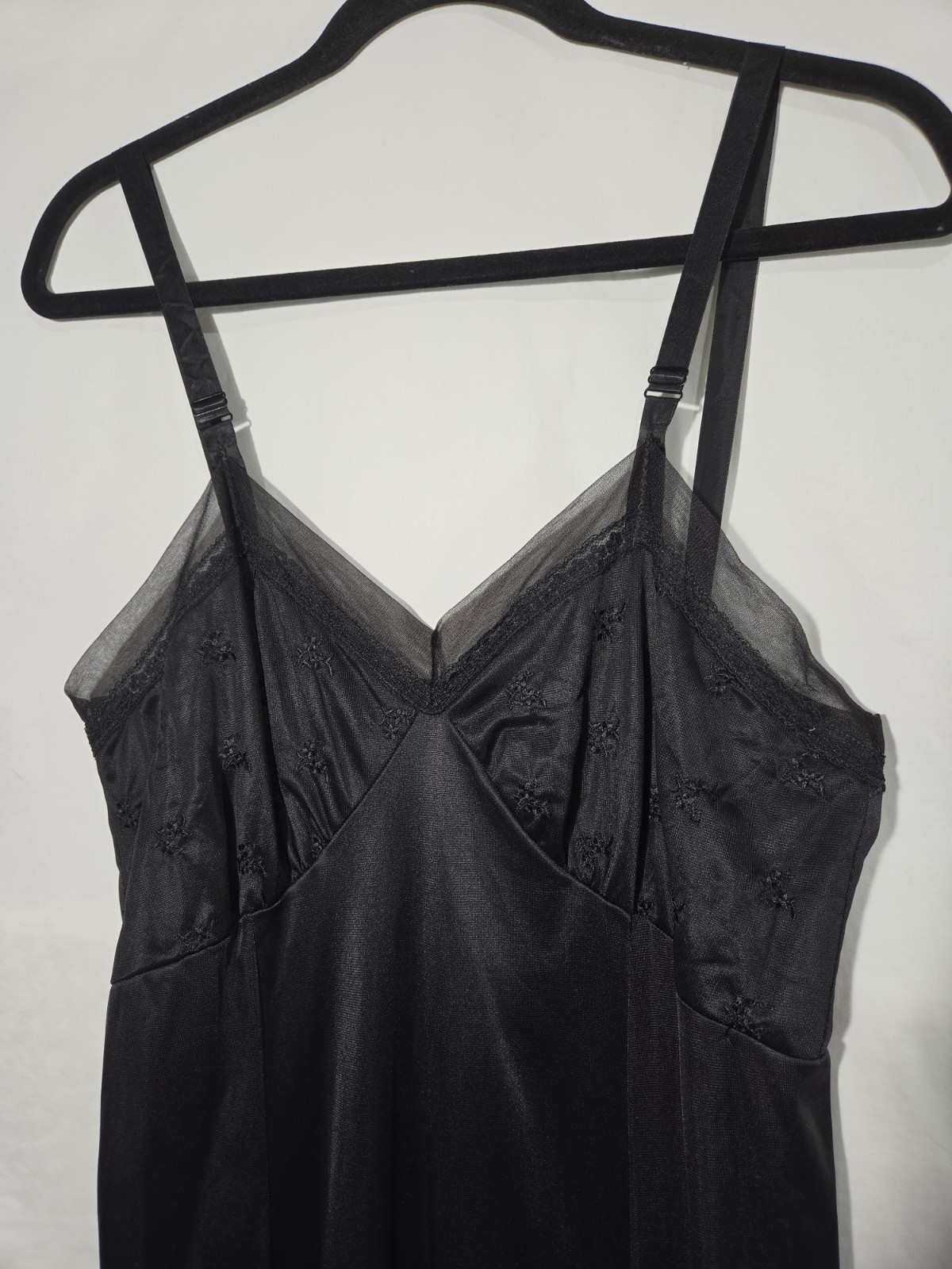 1960s Philmaid Full Slip Dress Womens 38 Black Vintage Embroidered Mesh Trim