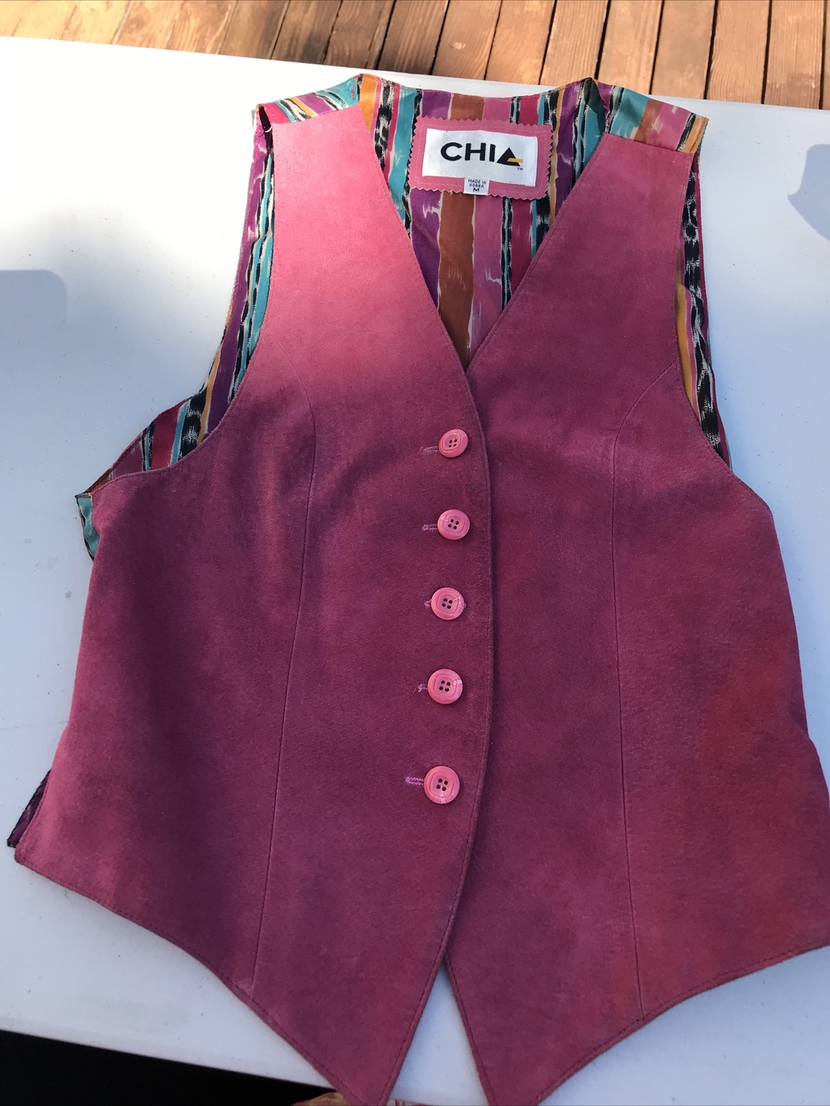 Vintage Chia Medium Pink Fuchsia Suede Leather Vest Waistcoat Paint Stripe Back