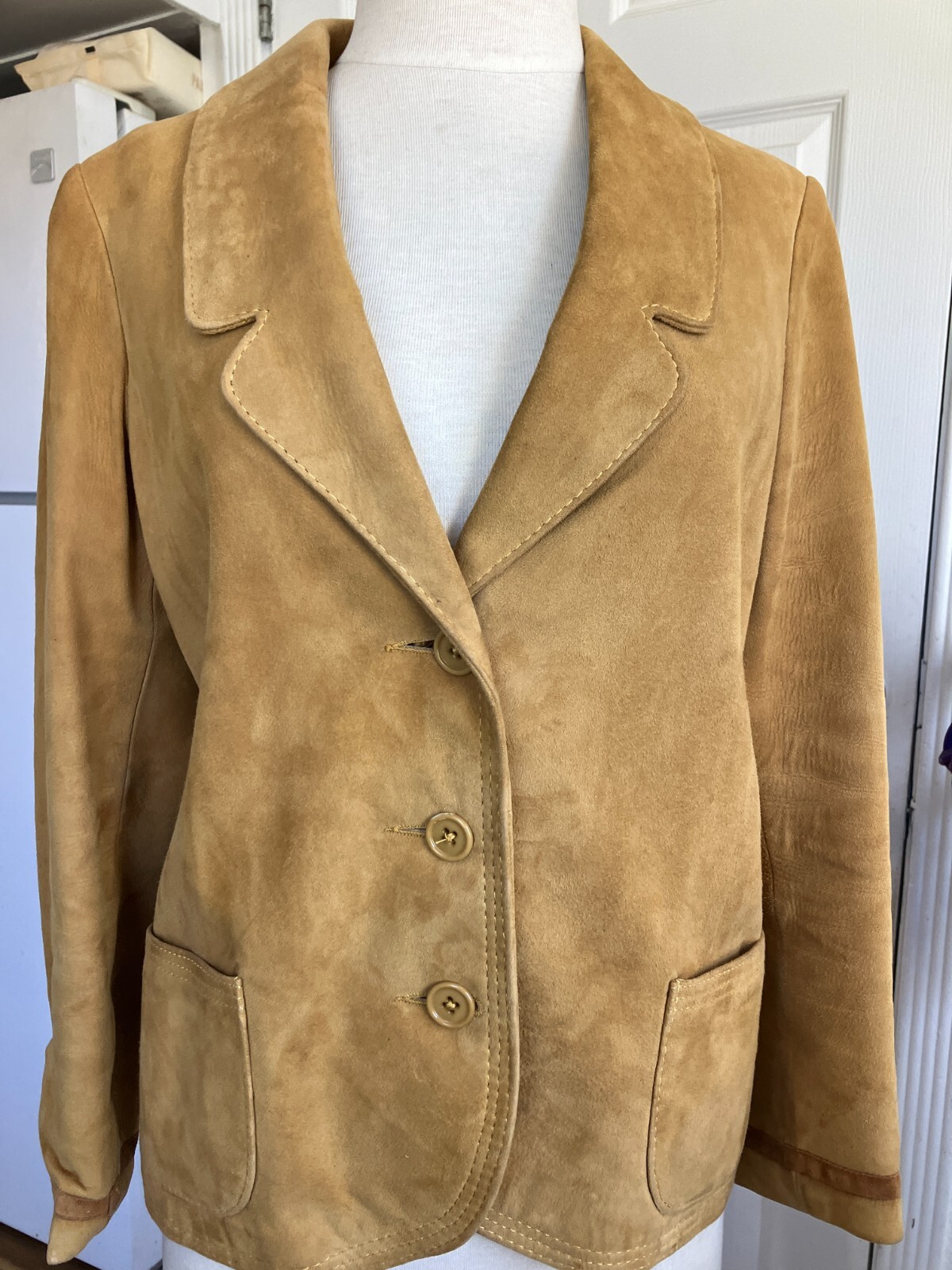Designer 60’s Women’s Classic Calfskin Suede Lined Leather Trim Blazer Jacket M