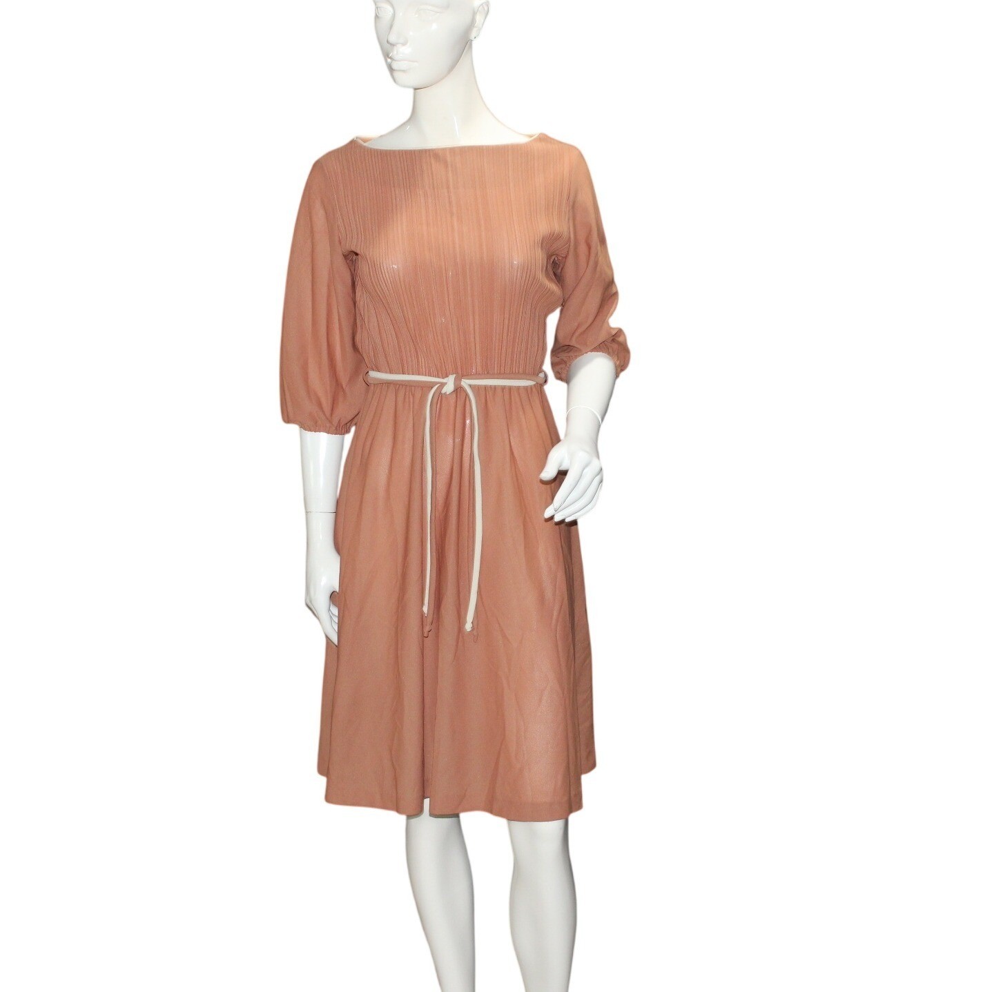 Vintage 70s Ms Claire New York XS Petite Midi Dress Ribbed Tie Waist USA